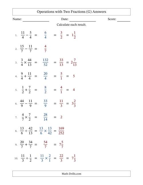 The Operations with Proper and Improper Fractions with Equal Denominators, Mixed Fractions Results and Some Simplifying (G) Math Worksheet Page 2