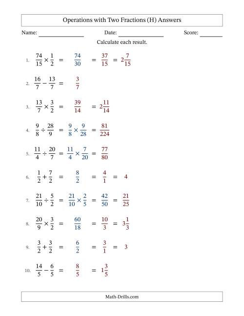 The Operations with Proper and Improper Fractions with Equal Denominators, Mixed Fractions Results and Some Simplifying (H) Math Worksheet Page 2