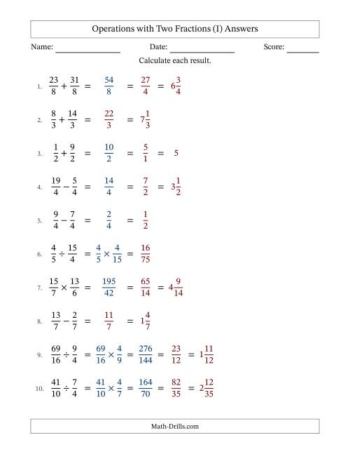 The Operations with Proper and Improper Fractions with Equal Denominators, Mixed Fractions Results and Some Simplifying (I) Math Worksheet Page 2