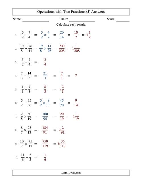 The Operations with Proper and Improper Fractions with Equal Denominators, Mixed Fractions Results and Some Simplifying (J) Math Worksheet Page 2