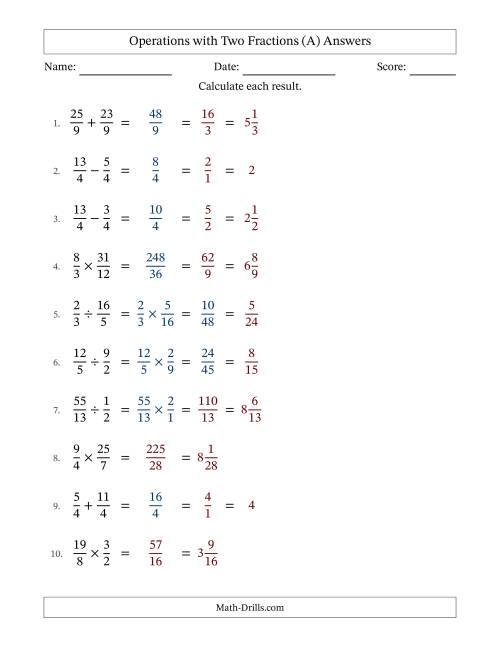 The Operations with Proper and Improper Fractions with Equal Denominators, Mixed Fractions Results and Some Simplifying (All) Math Worksheet Page 2