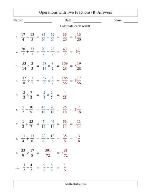 The Operations with Proper and Improper Fractions with Similar Denominators, Mixed Fractions Results and No Simplifying (B) Math Worksheet Page 2