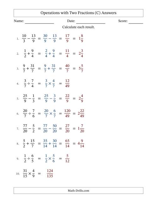 The Operations with Proper and Improper Fractions with Similar Denominators, Mixed Fractions Results and No Simplifying (C) Math Worksheet Page 2