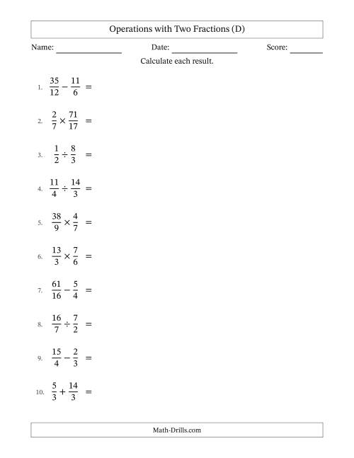 The Operations with Proper and Improper Fractions with Similar Denominators, Mixed Fractions Results and No Simplifying (D) Math Worksheet