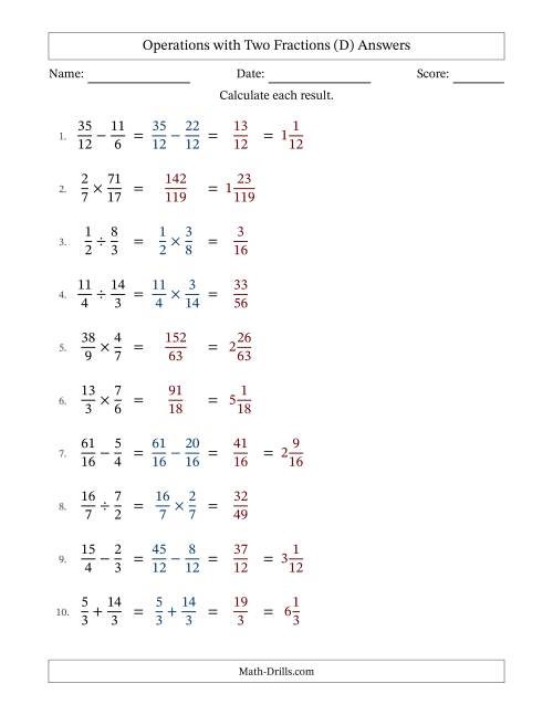 The Operations with Proper and Improper Fractions with Similar Denominators, Mixed Fractions Results and No Simplifying (D) Math Worksheet Page 2