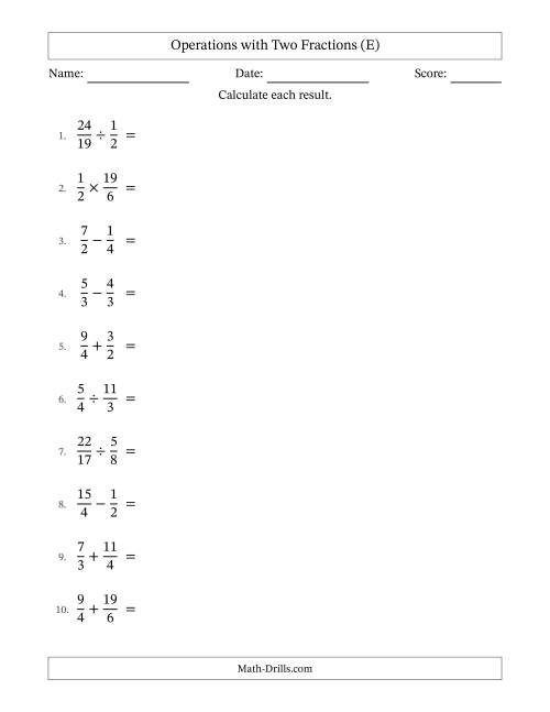 The Operations with Proper and Improper Fractions with Similar Denominators, Mixed Fractions Results and No Simplifying (E) Math Worksheet