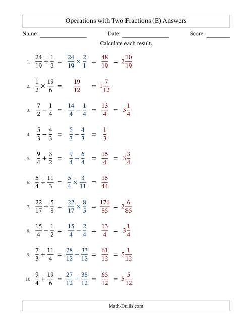 The Operations with Proper and Improper Fractions with Similar Denominators, Mixed Fractions Results and No Simplifying (E) Math Worksheet Page 2
