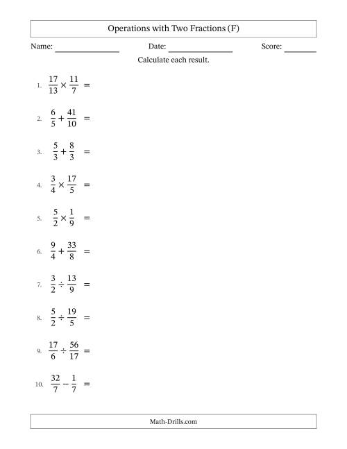 The Operations with Proper and Improper Fractions with Similar Denominators, Mixed Fractions Results and No Simplifying (F) Math Worksheet