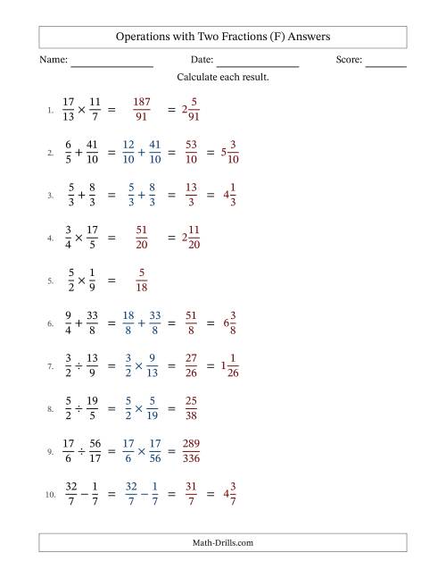 The Operations with Proper and Improper Fractions with Similar Denominators, Mixed Fractions Results and No Simplifying (F) Math Worksheet Page 2