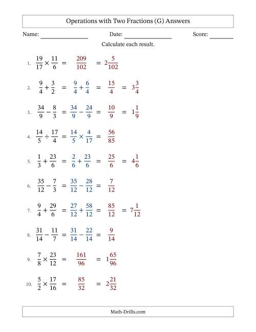 The Operations with Proper and Improper Fractions with Similar Denominators, Mixed Fractions Results and No Simplifying (G) Math Worksheet Page 2