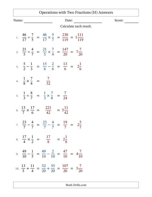 The Operations with Proper and Improper Fractions with Similar Denominators, Mixed Fractions Results and No Simplifying (H) Math Worksheet Page 2