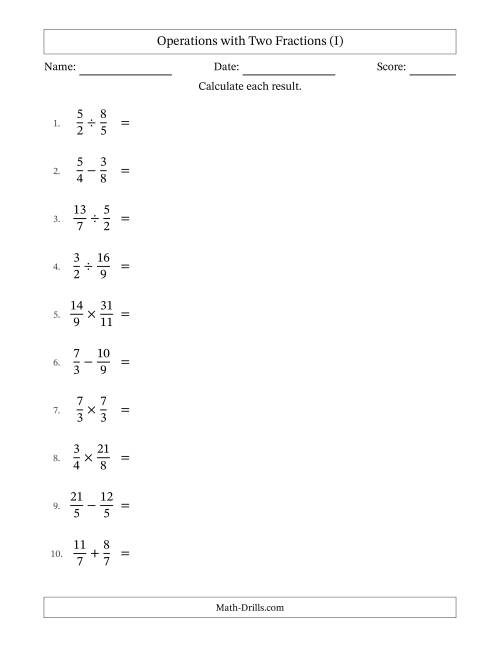 The Operations with Proper and Improper Fractions with Similar Denominators, Mixed Fractions Results and No Simplifying (I) Math Worksheet
