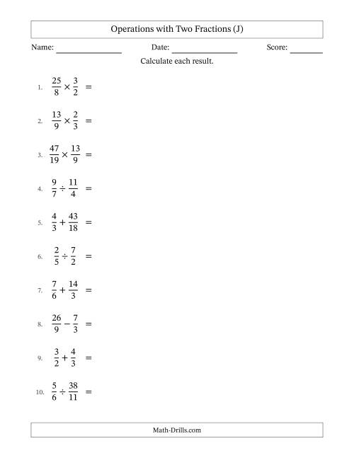 The Operations with Proper and Improper Fractions with Similar Denominators, Mixed Fractions Results and No Simplifying (J) Math Worksheet