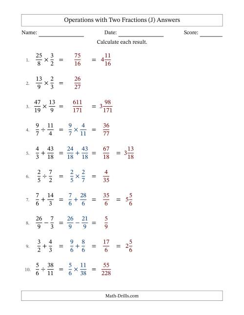 The Operations with Proper and Improper Fractions with Similar Denominators, Mixed Fractions Results and No Simplifying (J) Math Worksheet Page 2