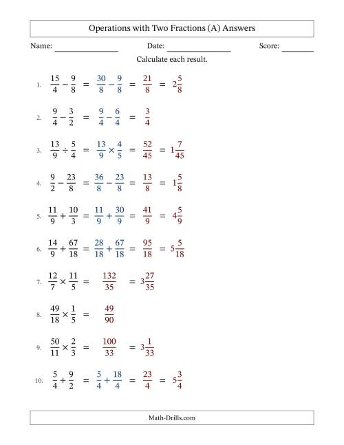 The Operations with Proper and Improper Fractions with Similar Denominators, Mixed Fractions Results and No Simplifying (All) Math Worksheet Page 2