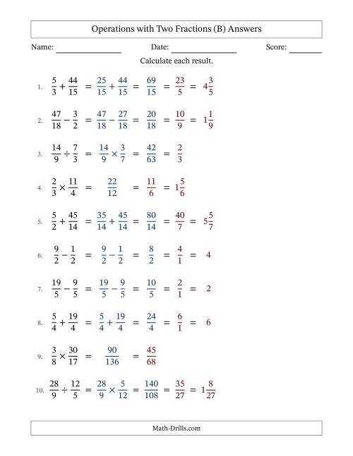 The Operations with Proper and Improper Fractions with Similar Denominators, Mixed Fractions Results and All Simplifying (B) Math Worksheet Page 2