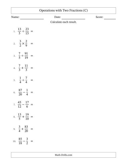 The Operations with Proper and Improper Fractions with Similar Denominators, Mixed Fractions Results and All Simplifying (C) Math Worksheet