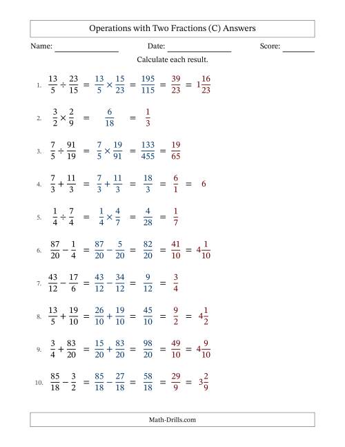 The Operations with Proper and Improper Fractions with Similar Denominators, Mixed Fractions Results and All Simplifying (C) Math Worksheet Page 2