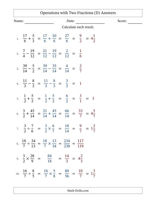 The Operations with Proper and Improper Fractions with Similar Denominators, Mixed Fractions Results and All Simplifying (D) Math Worksheet Page 2