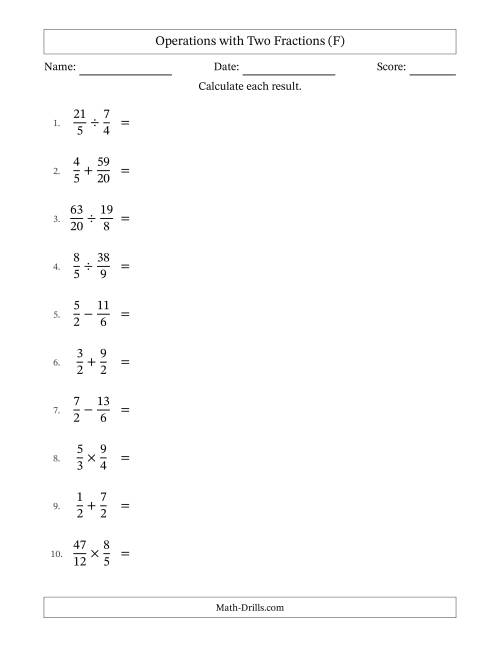 The Operations with Proper and Improper Fractions with Similar Denominators, Mixed Fractions Results and All Simplifying (F) Math Worksheet