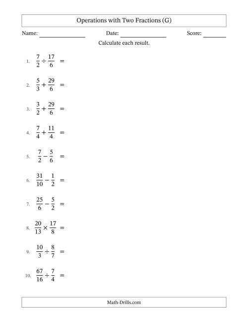 The Operations with Proper and Improper Fractions with Similar Denominators, Mixed Fractions Results and All Simplifying (G) Math Worksheet