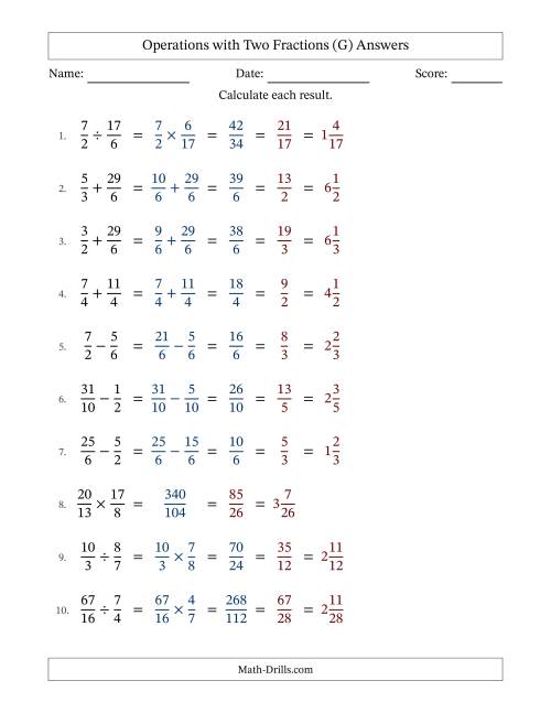 The Operations with Proper and Improper Fractions with Similar Denominators, Mixed Fractions Results and All Simplifying (G) Math Worksheet Page 2