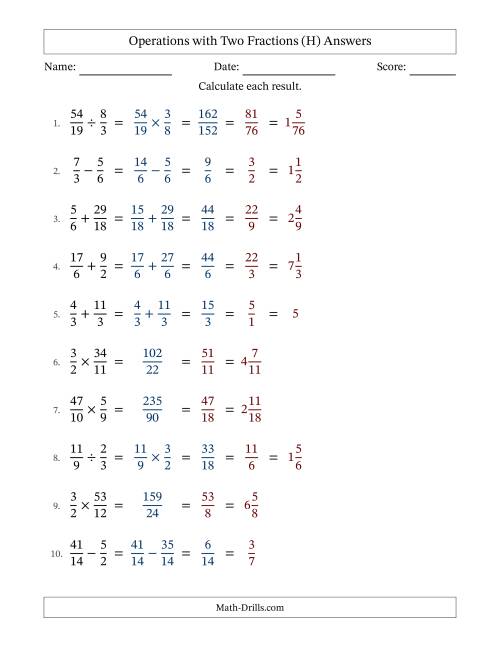 The Operations with Proper and Improper Fractions with Similar Denominators, Mixed Fractions Results and All Simplifying (H) Math Worksheet Page 2