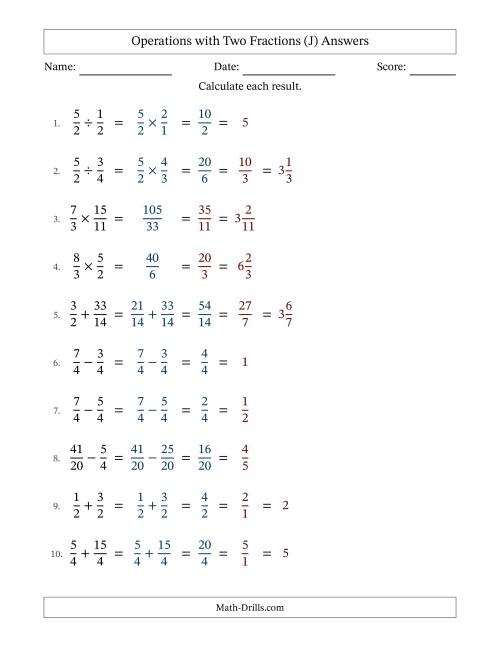 The Operations with Proper and Improper Fractions with Similar Denominators, Mixed Fractions Results and All Simplifying (J) Math Worksheet Page 2