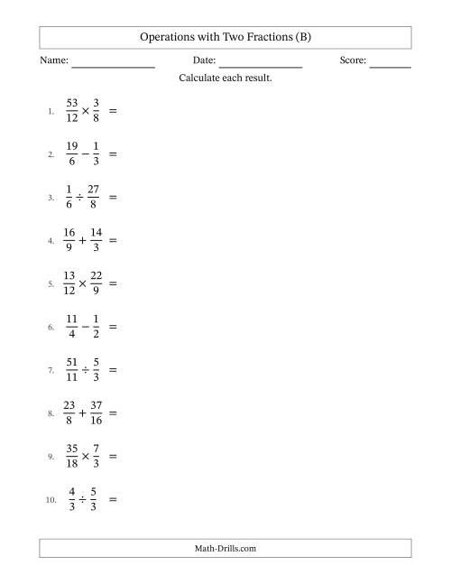 The Operations with Proper and Improper Fractions with Similar Denominators, Mixed Fractions Results and Some Simplifying (B) Math Worksheet