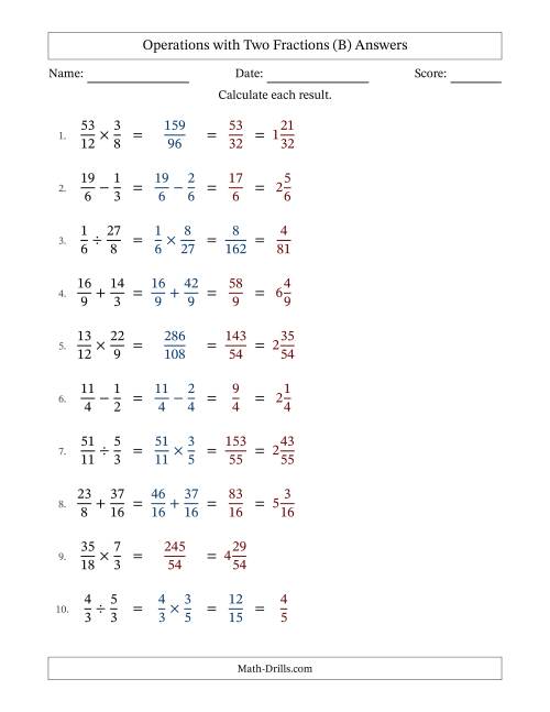 The Operations with Proper and Improper Fractions with Similar Denominators, Mixed Fractions Results and Some Simplifying (B) Math Worksheet Page 2