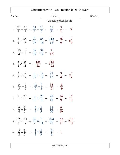 The Operations with Proper and Improper Fractions with Similar Denominators, Mixed Fractions Results and Some Simplifying (D) Math Worksheet Page 2