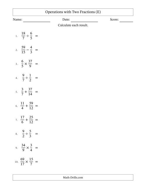 The Operations with Proper and Improper Fractions with Similar Denominators, Mixed Fractions Results and Some Simplifying (E) Math Worksheet