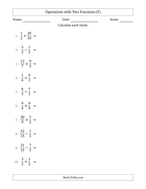The Operations with Proper and Improper Fractions with Similar Denominators, Mixed Fractions Results and Some Simplifying (F) Math Worksheet