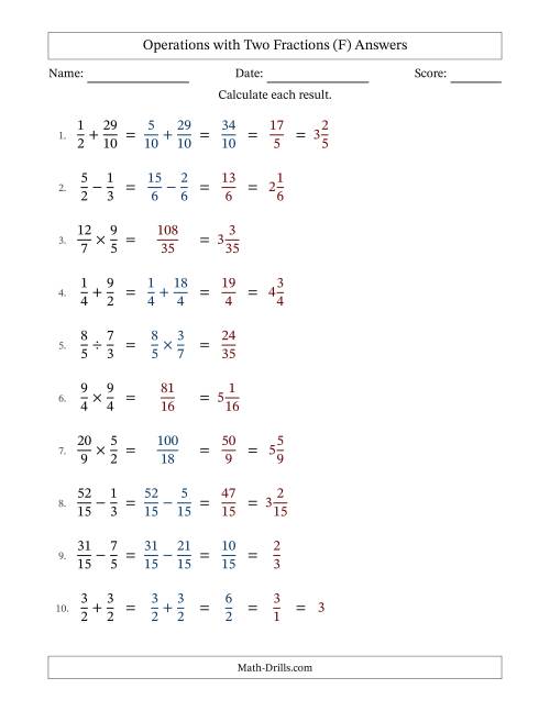The Operations with Proper and Improper Fractions with Similar Denominators, Mixed Fractions Results and Some Simplifying (F) Math Worksheet Page 2