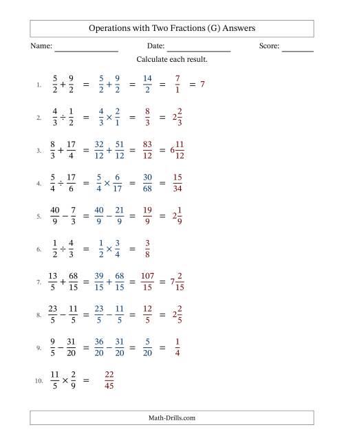 The Operations with Proper and Improper Fractions with Similar Denominators, Mixed Fractions Results and Some Simplifying (G) Math Worksheet Page 2