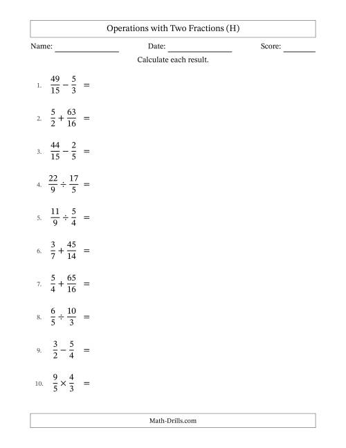The Operations with Proper and Improper Fractions with Similar Denominators, Mixed Fractions Results and Some Simplifying (H) Math Worksheet