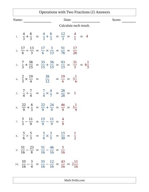 The Operations with Proper and Improper Fractions with Similar Denominators, Mixed Fractions Results and Some Simplifying (J) Math Worksheet Page 2