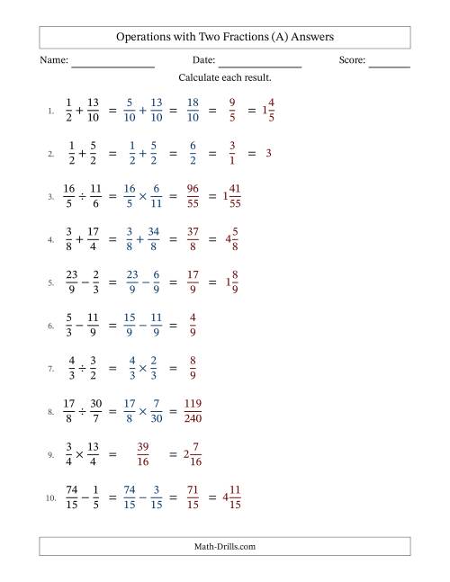 The Operations with Proper and Improper Fractions with Similar Denominators, Mixed Fractions Results and Some Simplifying (All) Math Worksheet Page 2