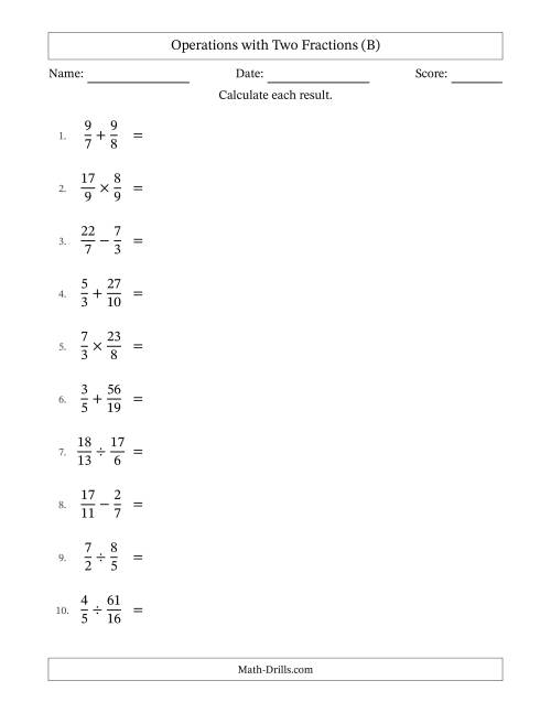 The Operations with Proper and Improper Fractions with Unlike Denominators, Mixed Fractions Results and No Simplifying (B) Math Worksheet