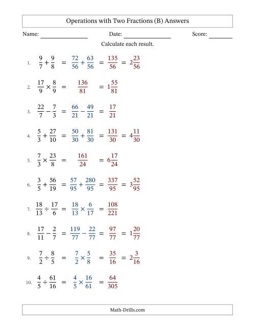 The Operations with Proper and Improper Fractions with Unlike Denominators, Mixed Fractions Results and No Simplifying (B) Math Worksheet Page 2