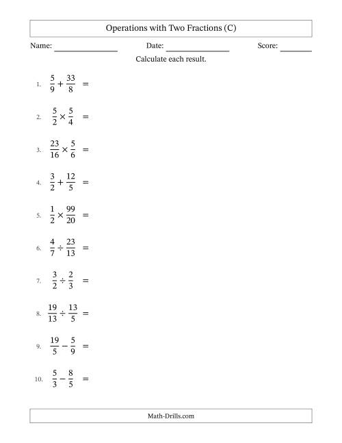 The Operations with Proper and Improper Fractions with Unlike Denominators, Mixed Fractions Results and No Simplifying (C) Math Worksheet