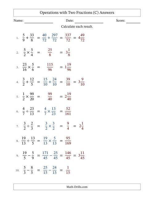 The Operations with Proper and Improper Fractions with Unlike Denominators, Mixed Fractions Results and No Simplifying (C) Math Worksheet Page 2