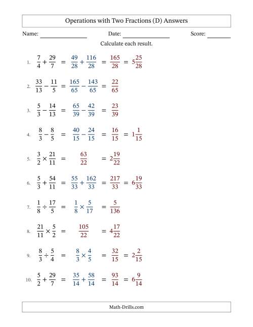 The Operations with Proper and Improper Fractions with Unlike Denominators, Mixed Fractions Results and No Simplifying (D) Math Worksheet Page 2