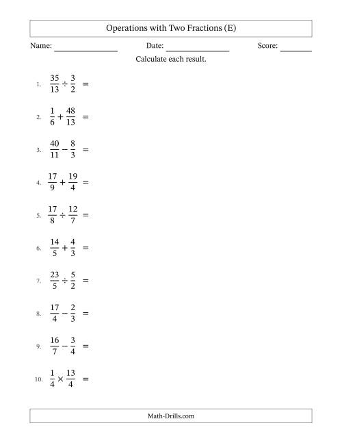 The Operations with Proper and Improper Fractions with Unlike Denominators, Mixed Fractions Results and No Simplifying (E) Math Worksheet