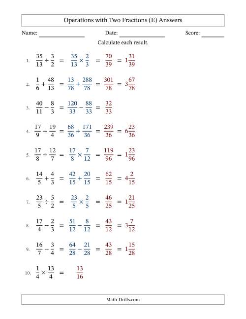 The Operations with Proper and Improper Fractions with Unlike Denominators, Mixed Fractions Results and No Simplifying (E) Math Worksheet Page 2