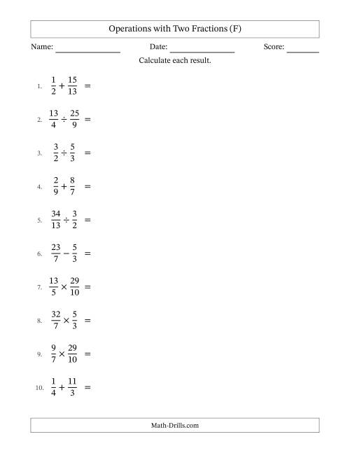 The Operations with Proper and Improper Fractions with Unlike Denominators, Mixed Fractions Results and No Simplifying (F) Math Worksheet