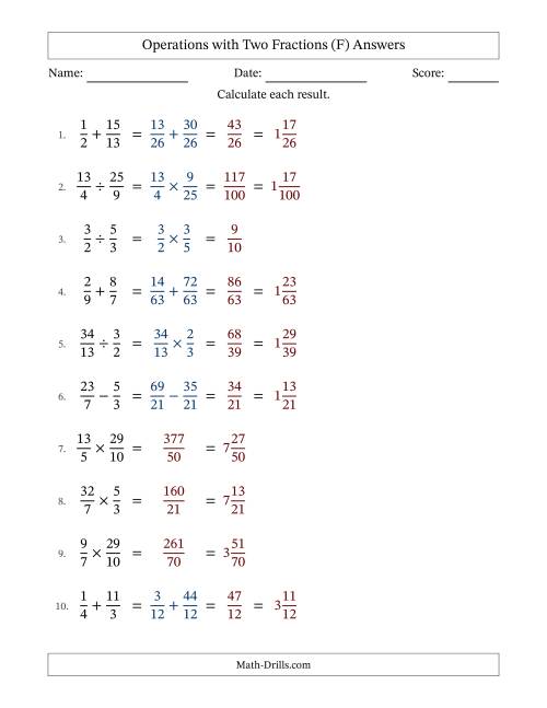 The Operations with Proper and Improper Fractions with Unlike Denominators, Mixed Fractions Results and No Simplifying (F) Math Worksheet Page 2