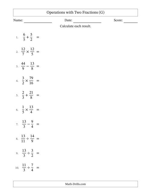 The Operations with Proper and Improper Fractions with Unlike Denominators, Mixed Fractions Results and No Simplifying (G) Math Worksheet