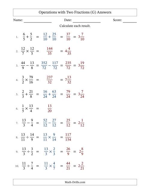 The Operations with Proper and Improper Fractions with Unlike Denominators, Mixed Fractions Results and No Simplifying (G) Math Worksheet Page 2