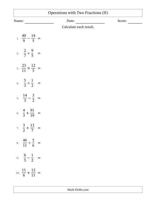 The Operations with Proper and Improper Fractions with Unlike Denominators, Mixed Fractions Results and No Simplifying (H) Math Worksheet